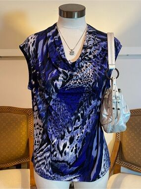 Kasper Blue and Black Animal-Print Cowl Neck Sleeveless Blouse, Size Petite LG